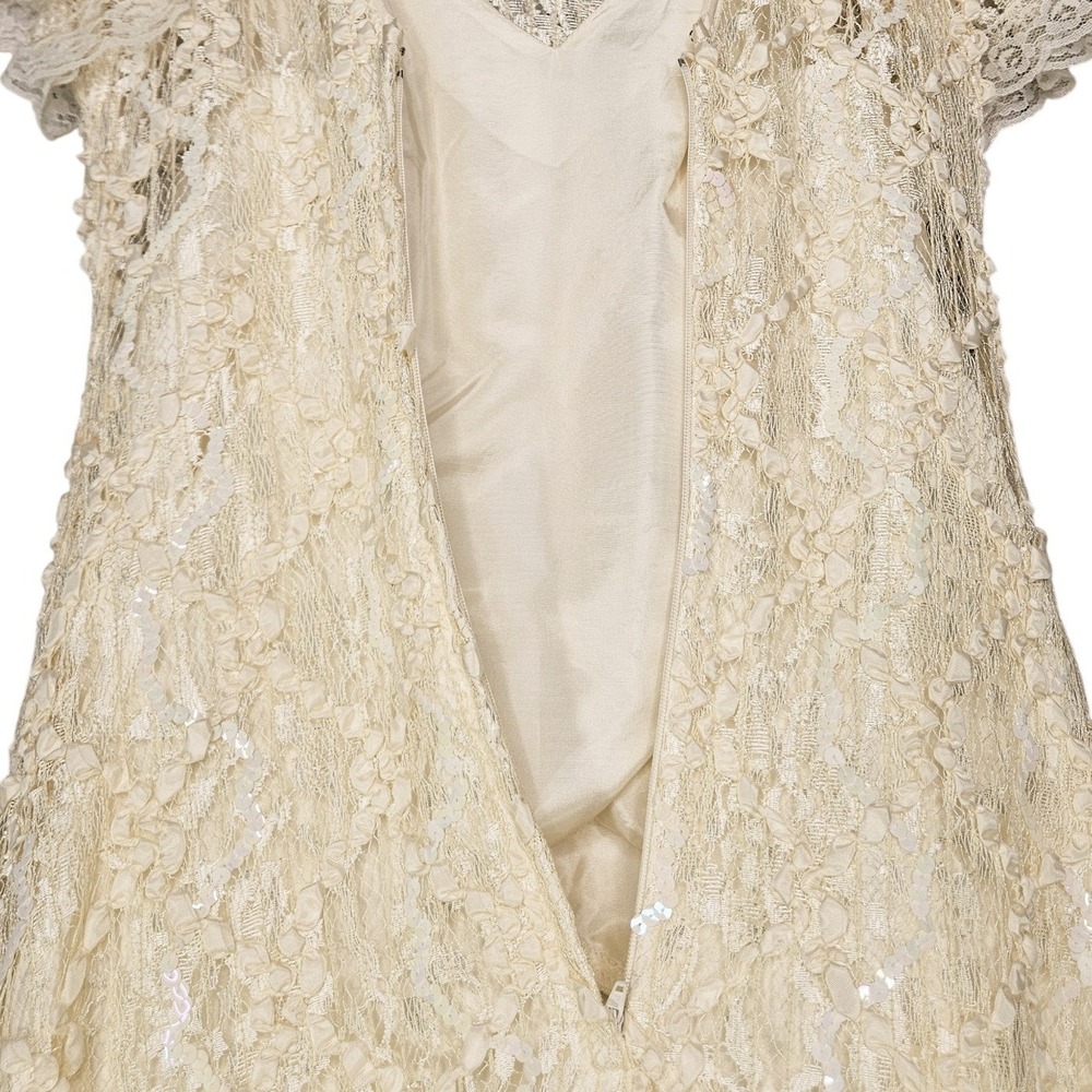 Vtg USA Shuet Young Ivory Lace Sequins Victorian Midi Dress Size 5-6 Cottagecore - Picture 7 of 16